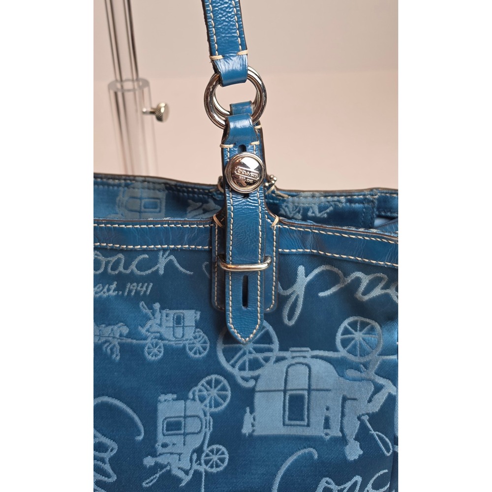 Coach Horse and Carriage Print Tote Bag Blue Jacquard Y2K Vintage F15157 - Picture 6 of 16